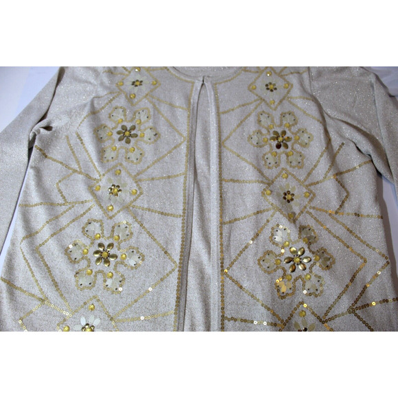 Alfred Dunner 2 in 1 Sweater Beige Gold Sequins Beaded Open Front Women's 1X - Picture 3 of 11